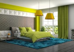 Modern bedroom with green color bed & curtains
