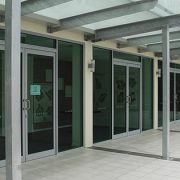 Outside view of aluminium doors and windows on a commercial building